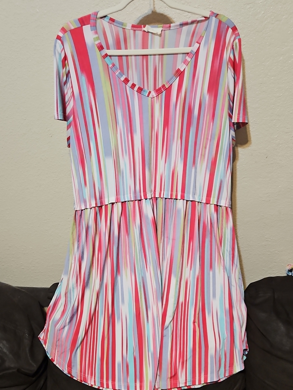 Striped V-Neck Mini Dress in Pink Multi